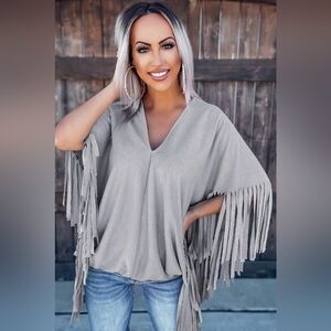 NWT Gray Fringe Poncho Top